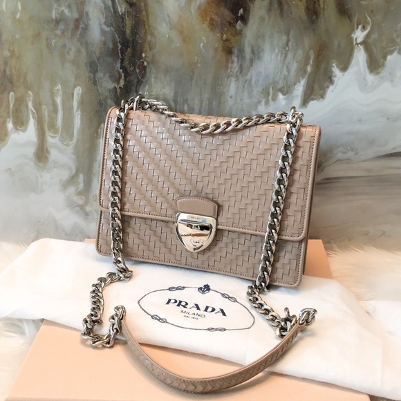 Prada Handbags - Prada Madras Woven Leather Chain Flap Bag Cammeo
